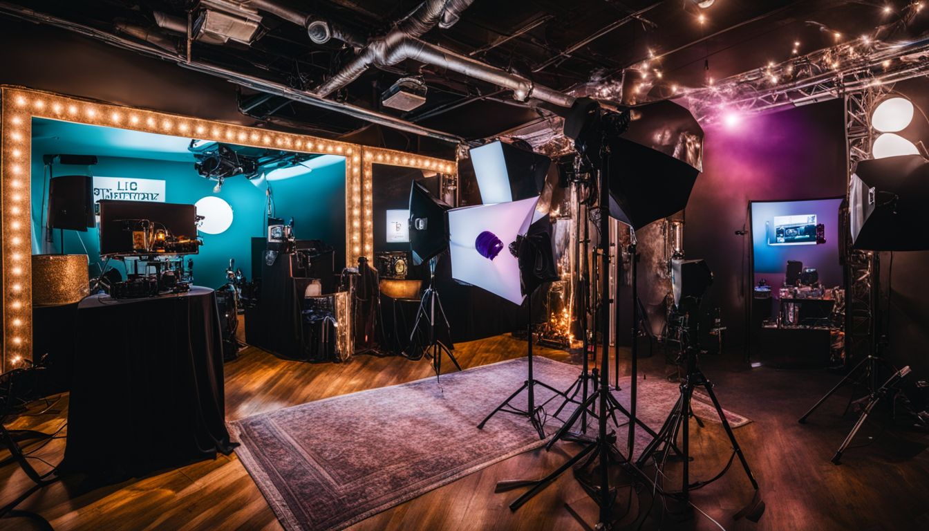 A photo booth setup with props and equipment, capturing various faces.