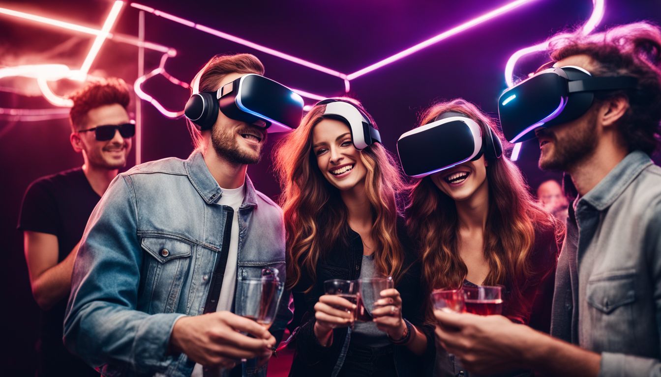 A diverse group of friends enjoying virtual reality in a futuristic photo booth.