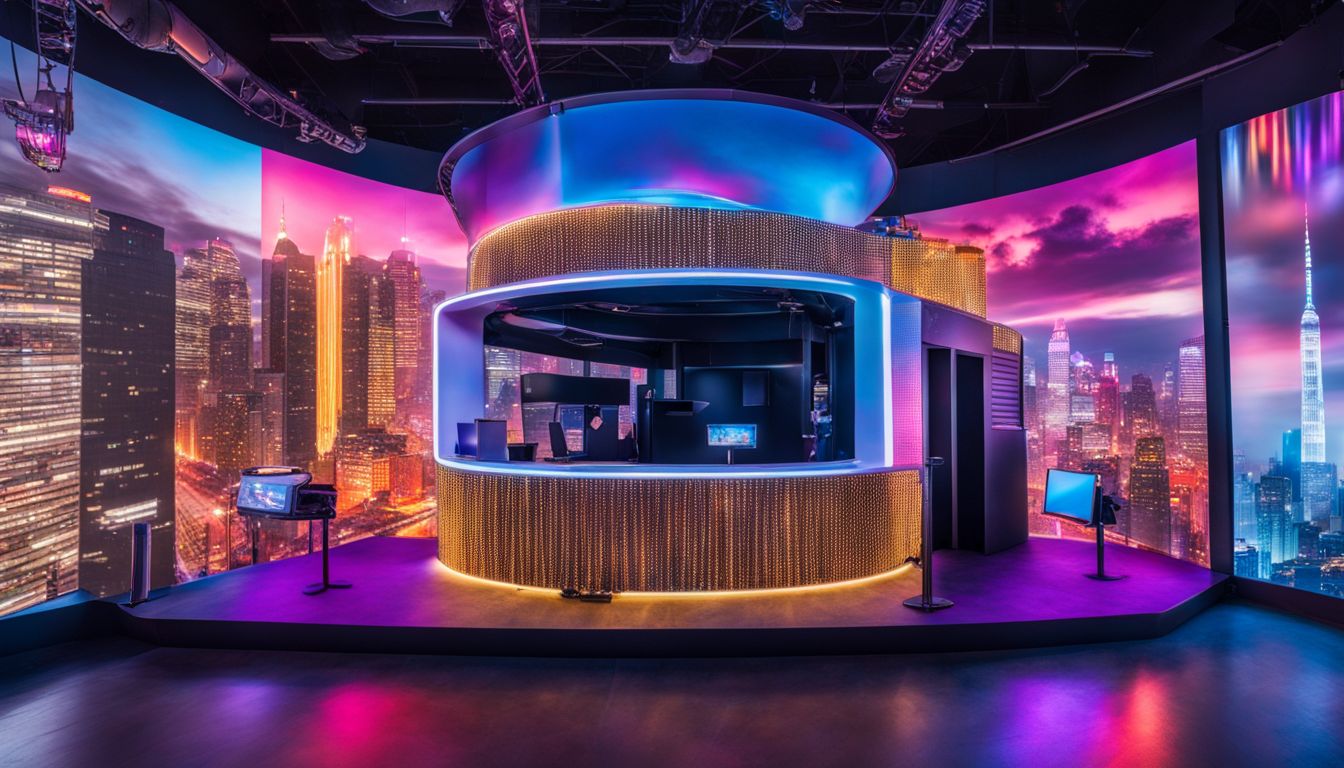 A futuristic AI-powered photo booth with colorful digital effects in a vibrant event venue.