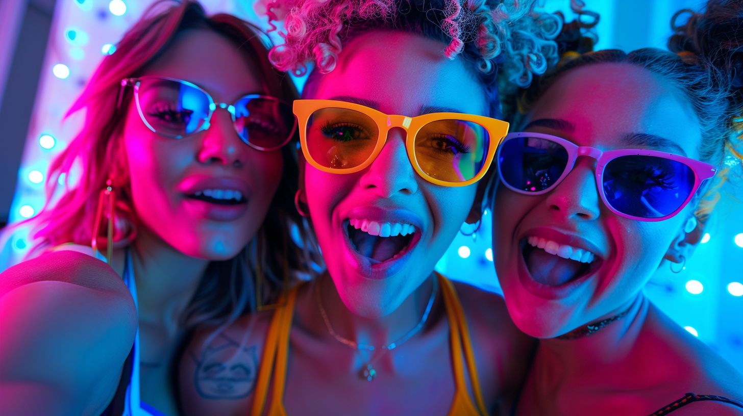 A diverse group of friends posing in a futuristic neon-lit photo booth.