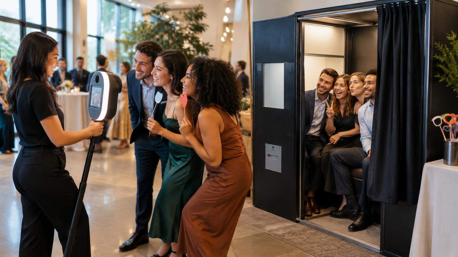 AI editorial illustration: Roaming Photo Booth vs Traditional Photo Booth: How to Choose for Your Event (featured)