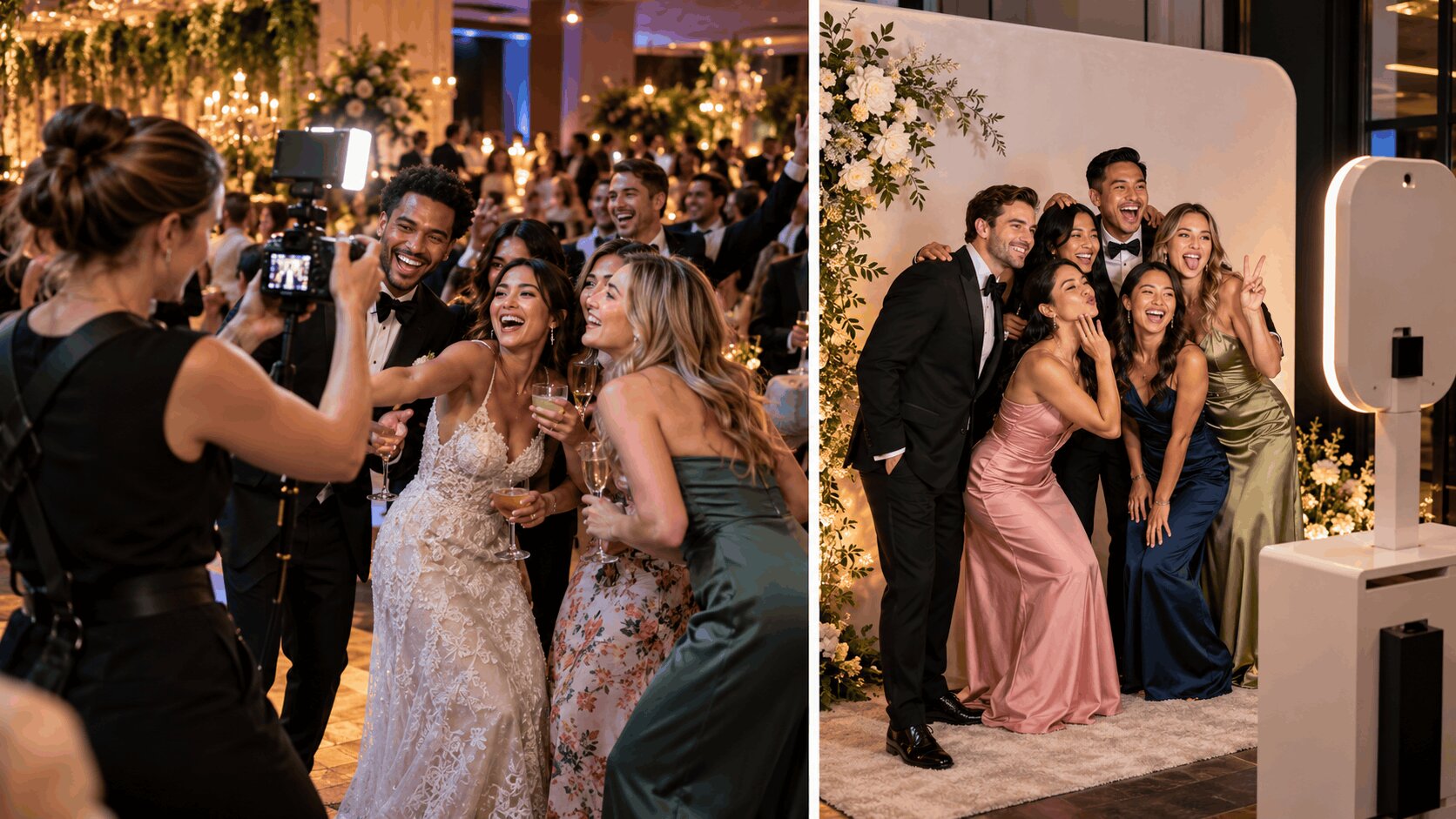 Wedding photographer capturing guests beside a traditional photo booth setup
