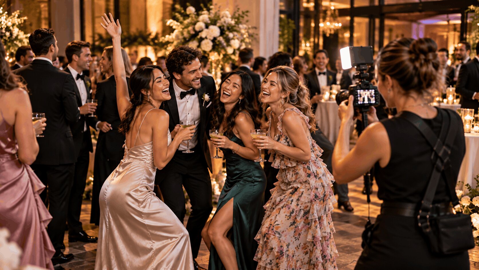 Roaming event photographer taking candid group photos at a wedding reception