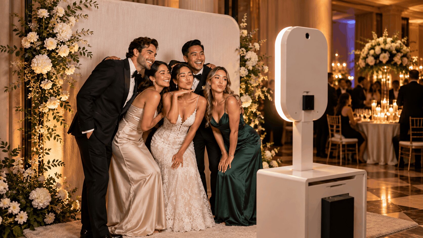 Wedding guests posing near a stationary photo booth kiosk with a floral backdrop